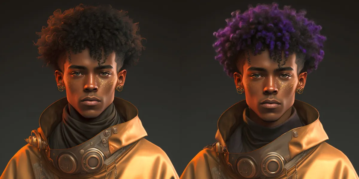 Before & After image of a previously generated character with added hair color highlights and other minor, targeted alterations