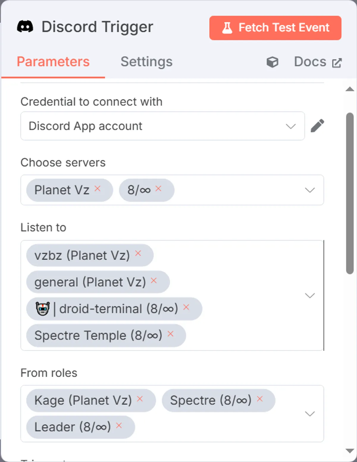Screenshot of the discord trigger showing it connects to multiple servers & rooms for common n8n workflows
